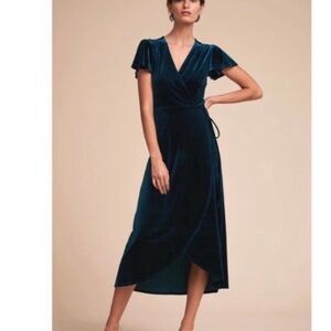 BHLDN Thrive Velvet Wrap Midi Dress Teal